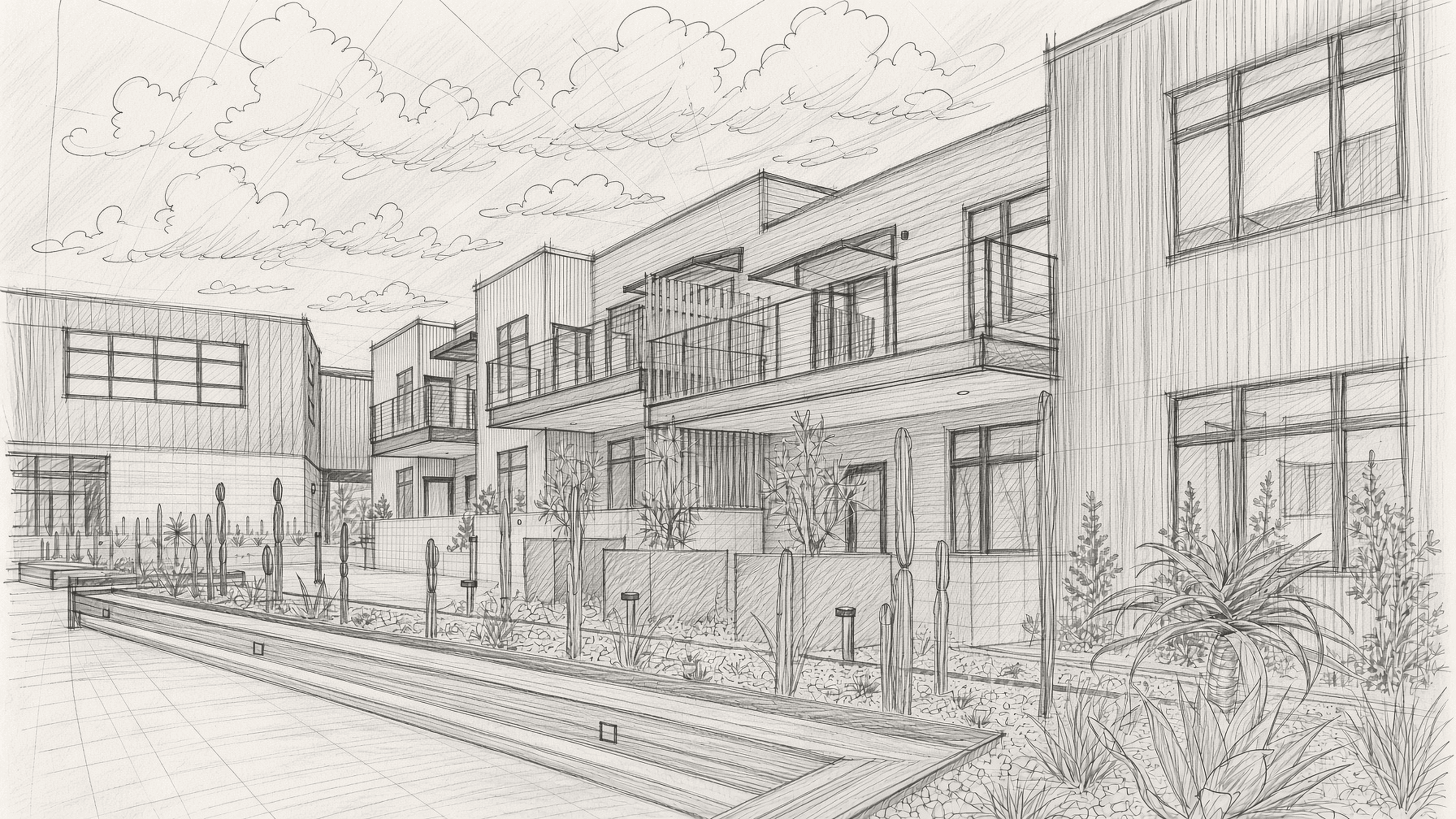 A pencil perspective sketch of a courtyard: two-storey buildings with balconies and tall windows along one side, a bed of cacti and agaves behind a low wall, and a long timber bench running toward a building across the paving