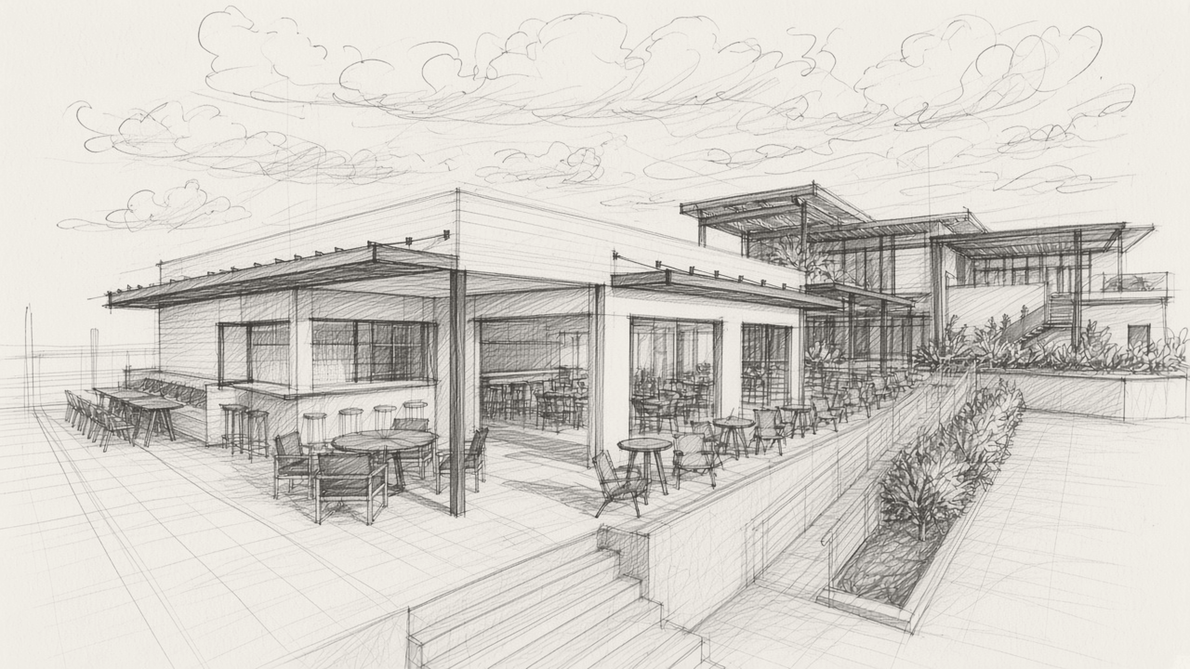 A pencil perspective sketch of a terrace: tables, chairs, and bar stools on a paved deck beside a flat-roofed glazed pavilion with a cantilevered canopy, a planted bed along one side, and a second pavilion up a stair behind